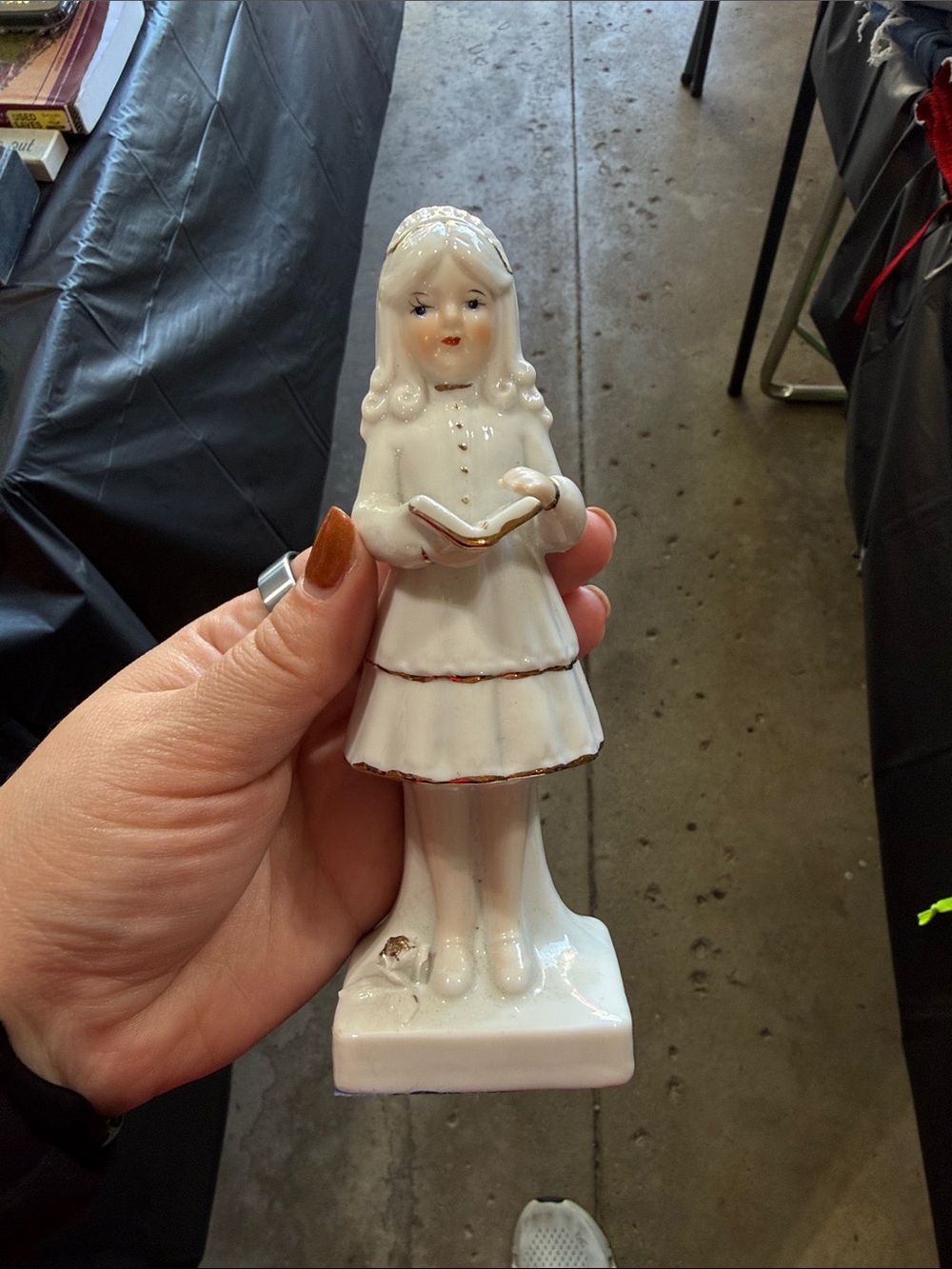 White Ceramic Girl Figurine Holding Book - Home Art
